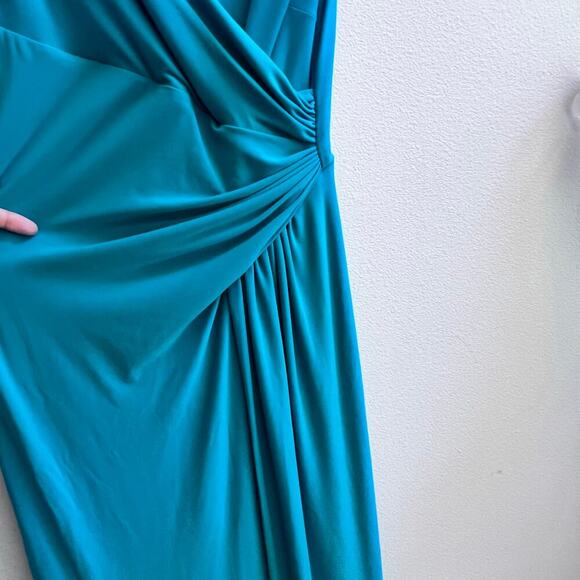 Lauren Ralph Lauren Turquoise V-Neck Drape Ruched Formal Cocktail Midi Dress 4 - Picture 3 of 8